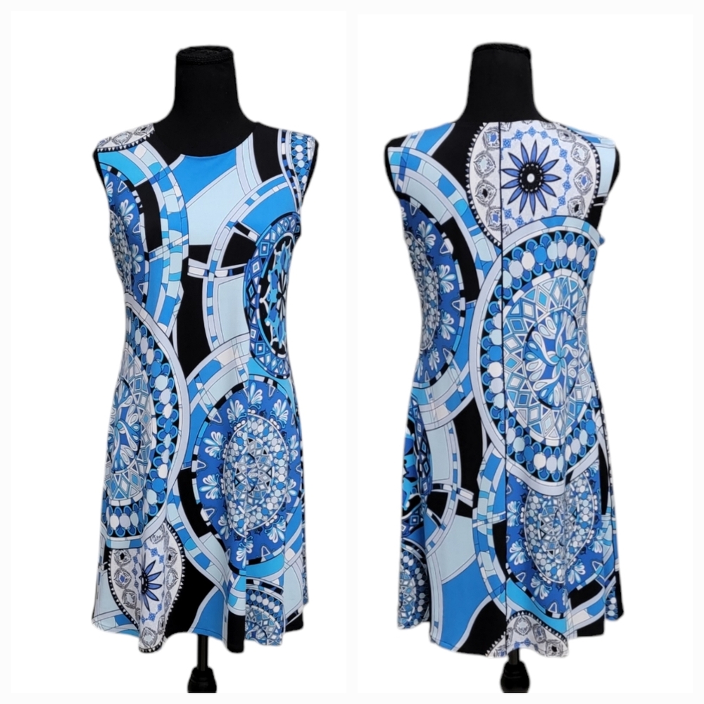 Eva Varro Medium Blue & Black Retro Stretchy Sleeveless A-Line Dress